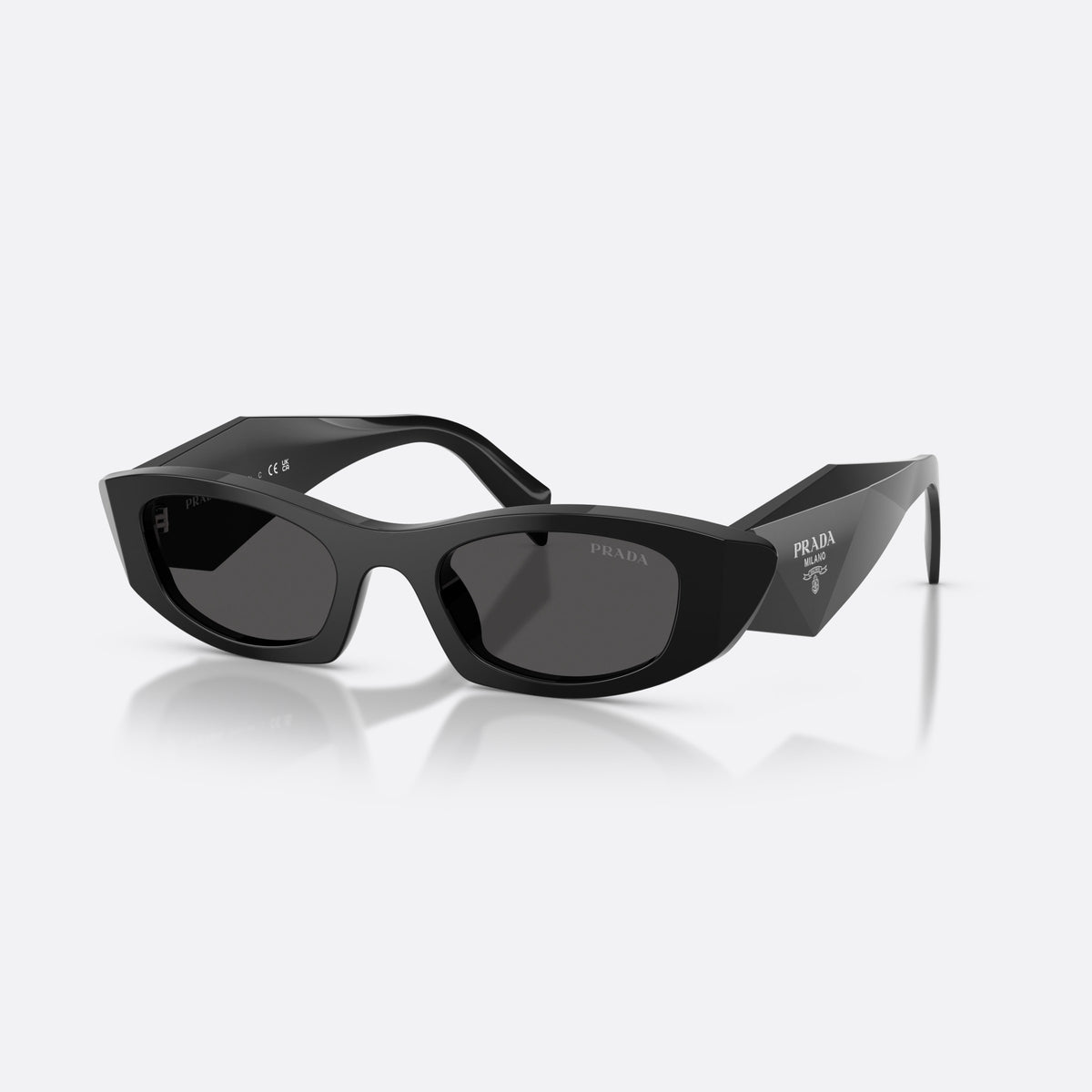 Prada PR B16S 16K08Z sunglasses, black oval frame for women, plain integrated bridge, brand lettering on temples