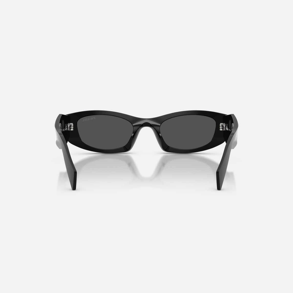 Prada PR B16S 16K08Z sunglasses, black oval frame for women, plain integrated bridge, brand lettering on temples, back view