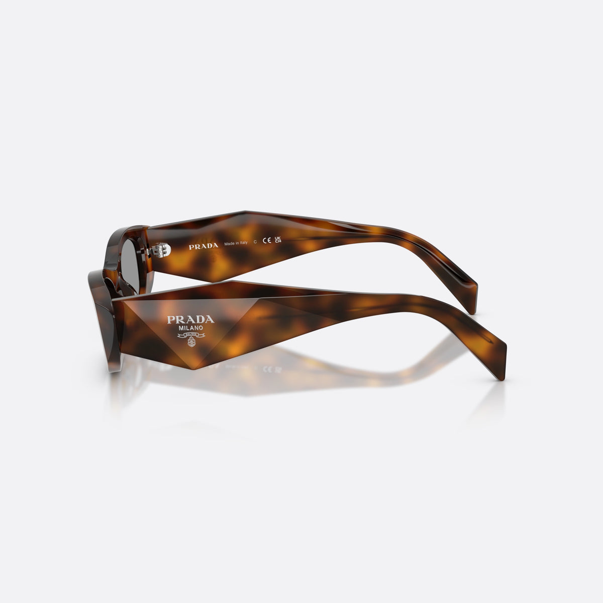 Ochelari de soare Prada PR B16S 20D50Q, ovali havana, pentru femei, punte simplă, literele brandului pe brațe, ramă completă, vedere laterală