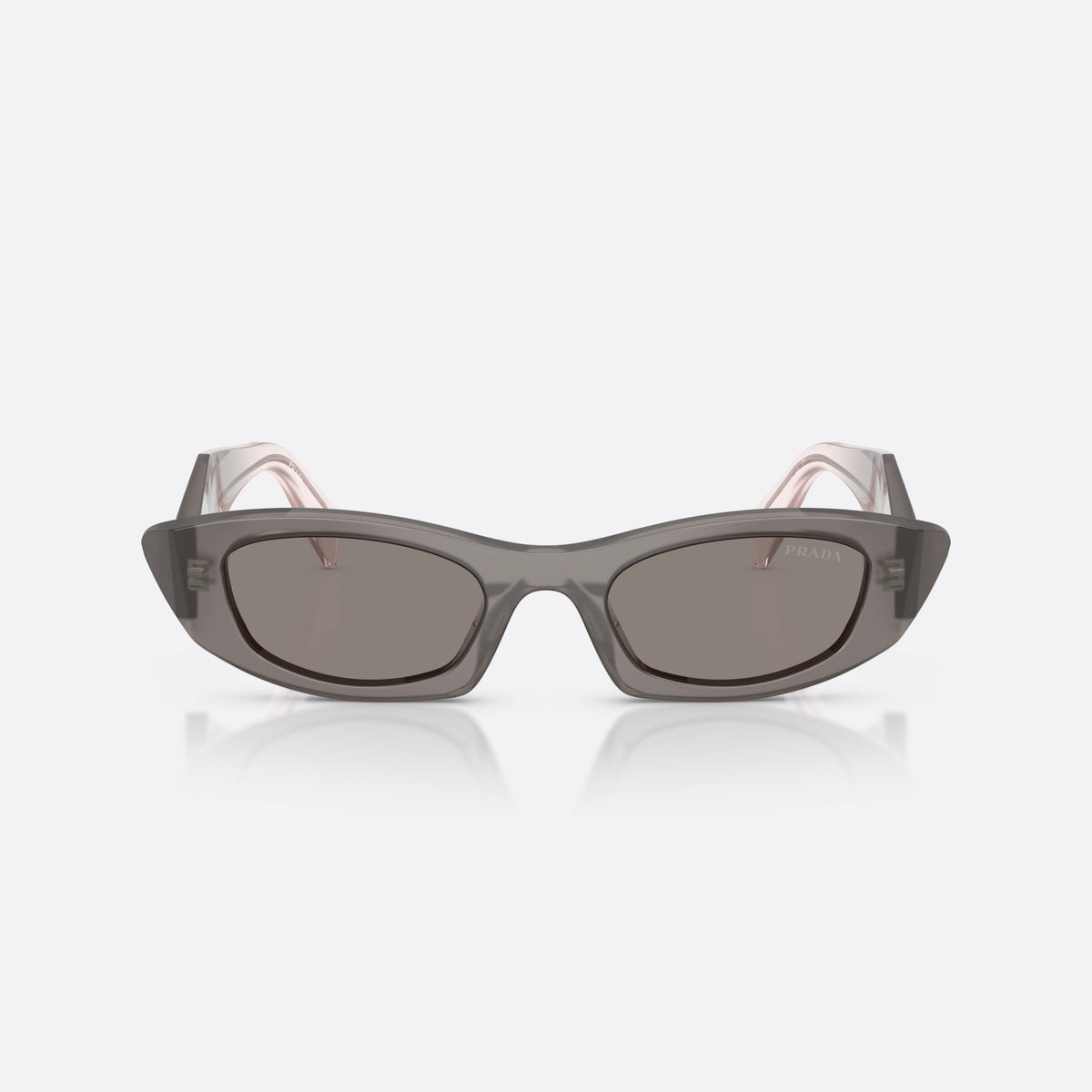 Prada PR B16S 20F80Q sunglasses, grey oval frame for women, plain bridge, brand lettering on temples, full-rim frame, front view