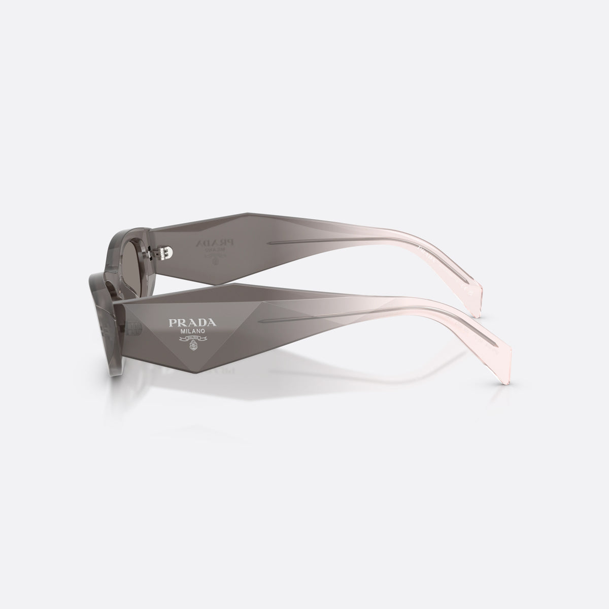 Prada PR B16S 20F80Q sunglasses, grey oval frame for women, plain bridge, brand lettering on temples, full-rim frame, side view