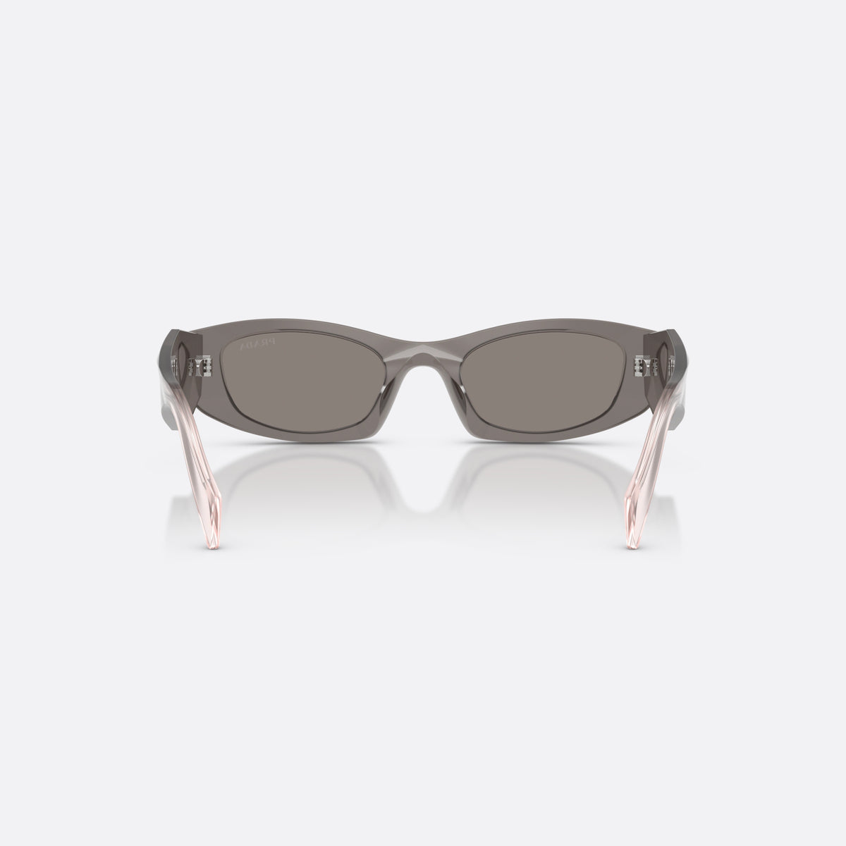 Prada PR B16S 20F80Q sunglasses, grey oval frame for women, plain bridge, brand lettering on temples, full-rim frame, back view