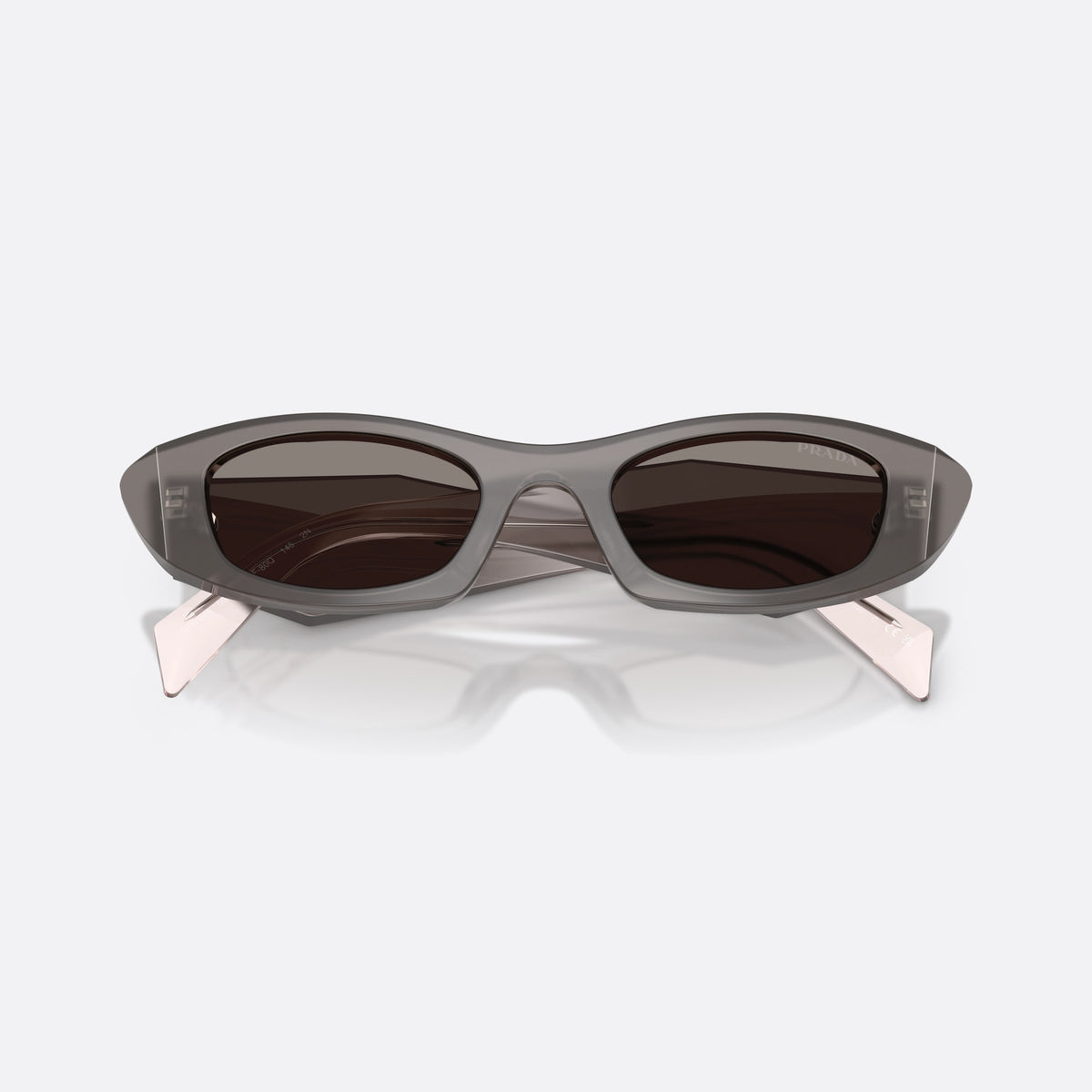 Prada PR B16S 20F80Q sunglasses, grey oval frame for women, plain bridge, brand lettering on temples, full-rim frame, folded