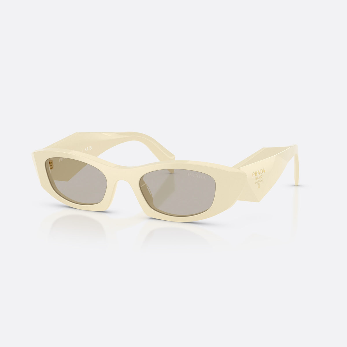 Prada PR B16S 21D5J2 sunglasses, white oval frame for women, plain integrated bridge, brand lettering on temples