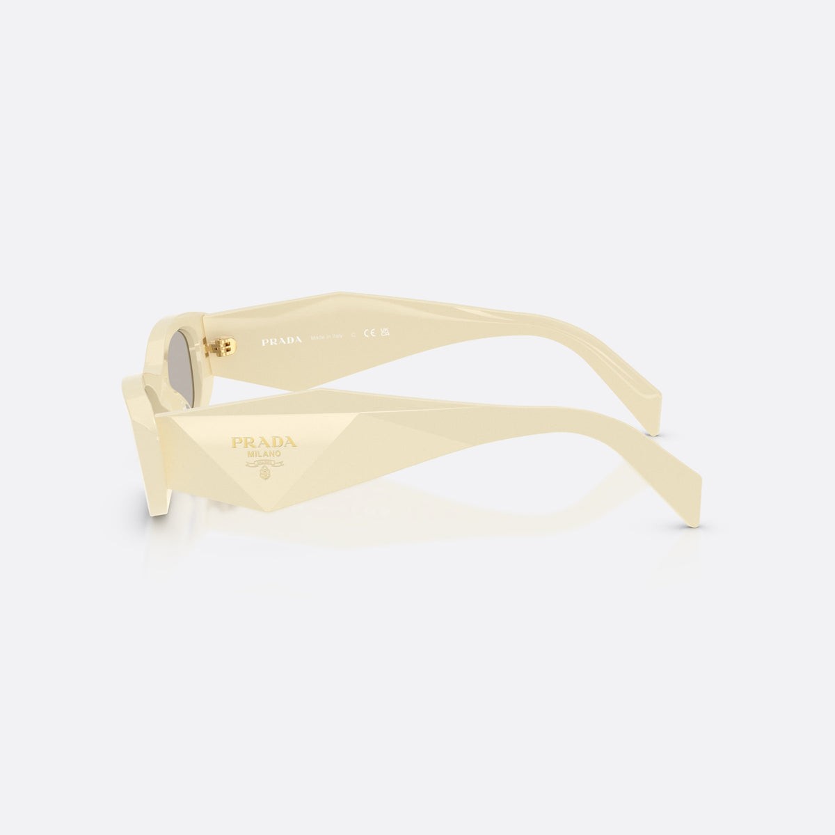 Prada PR B16S 21D5J2 sunglasses, white oval frame for women, plain integrated bridge, brand lettering on temples, side view