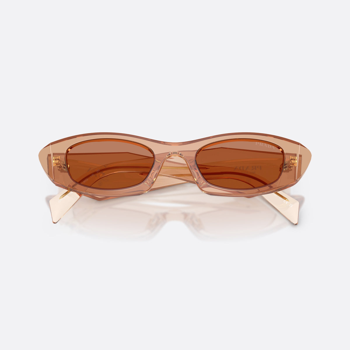 Prada PR B16S 28E90Q sunglasses, brown oval frame for women, keyhole bridge, brand lettering on temples, full-rim frame, folded