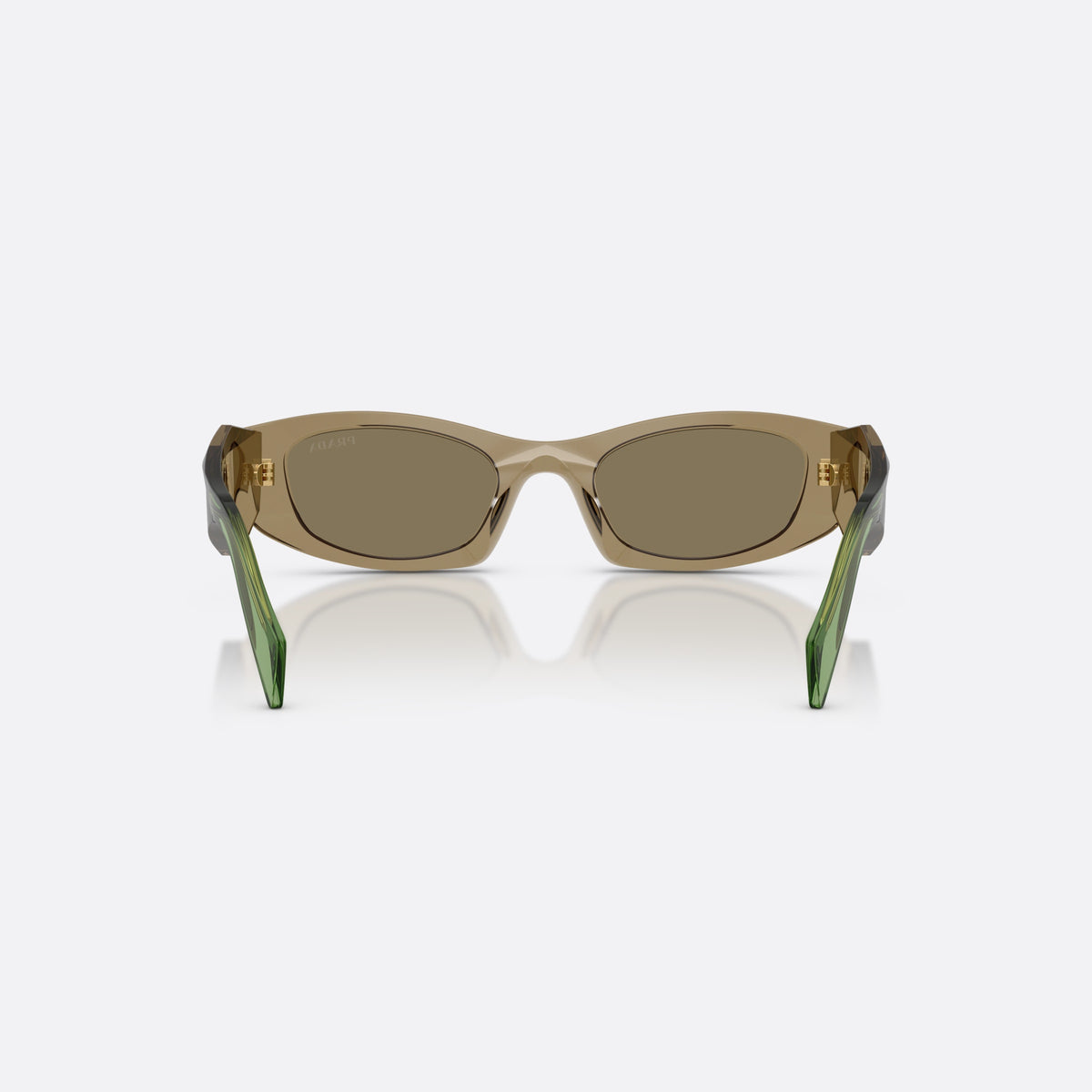 Prada PR B16S 29E90F sunglasses, brown oval frame for women, plain bridge, brand lettering on temples, full rim frame, back view
