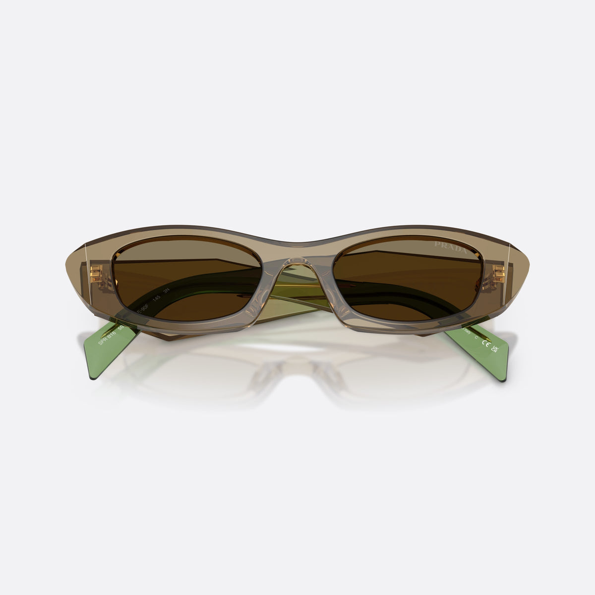 Prada PR B16S 29E90F sunglasses, brown oval frame for women, plain bridge, brand lettering on temples, full rim frame, folded