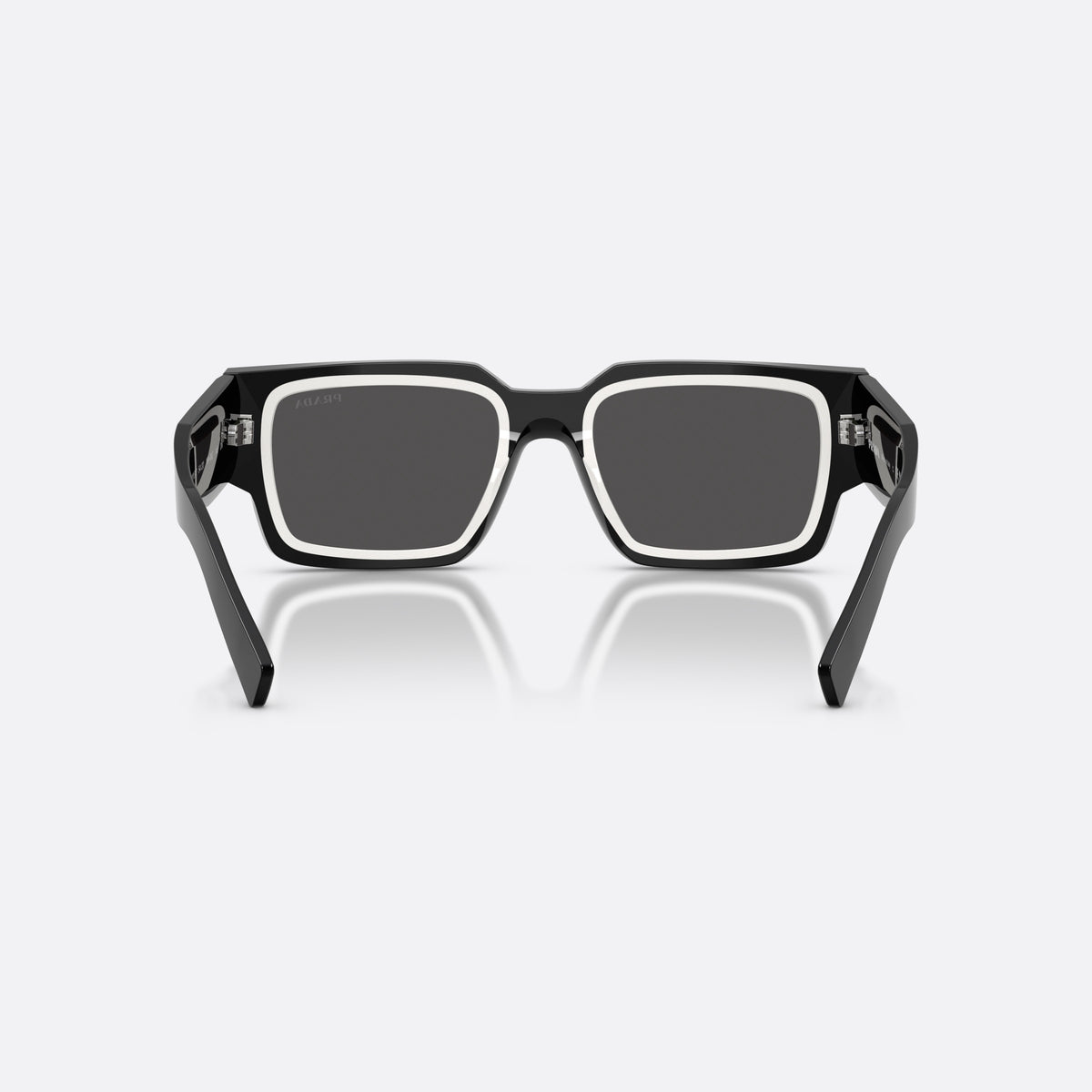 Prada PR B17S 16K08Z sunglasses, black rectangle frame for men, plain integrated bridge, brand lettering on temples, back view