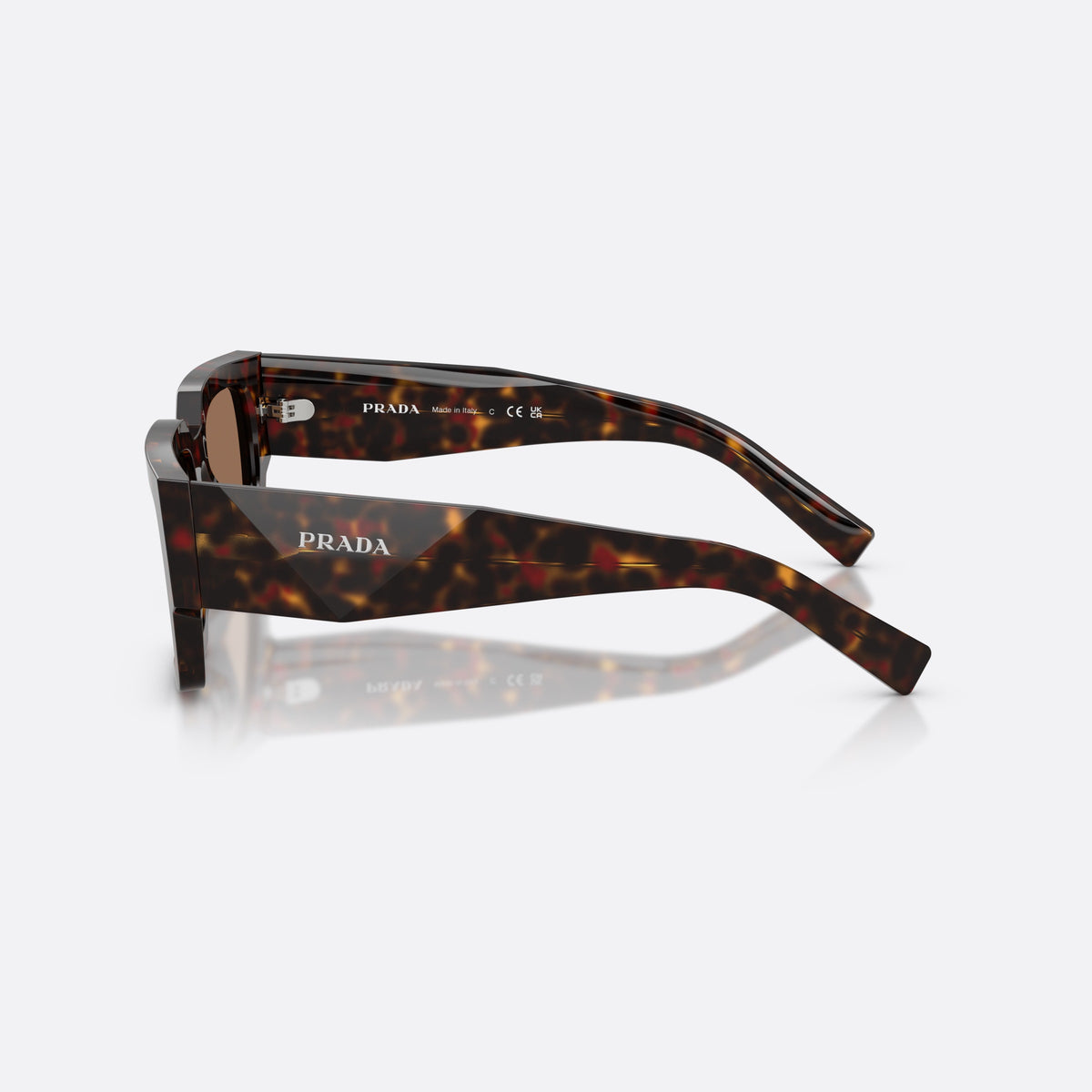 Prada PR B17S 17N06B sunglasses, havana rectangle frame for men, plain integrated bridge, brand lettering on temples, side view