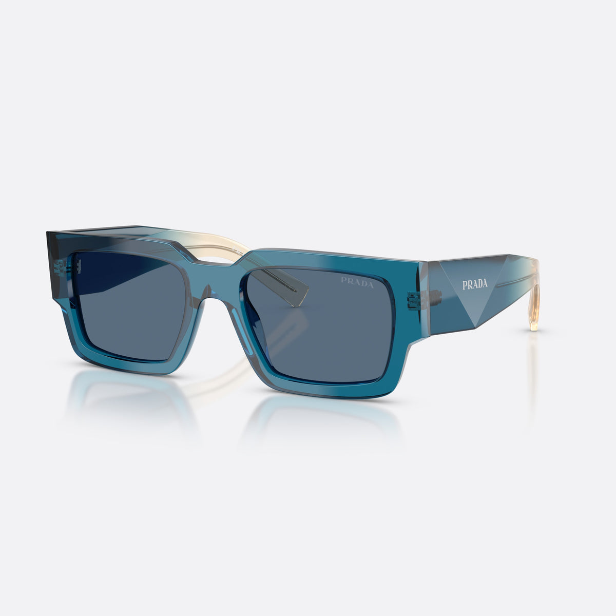 Prada PR B17S 24F80S sunglasses, blue rectangle frame for men, plain bridge, brand lettering on temples, full-rim frame