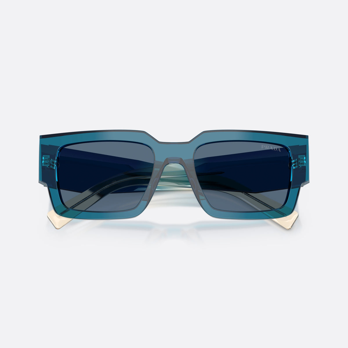Prada PR B17S 24F80S sunglasses, blue rectangle frame for men, plain bridge, brand lettering on temples, full-rim frame, folded