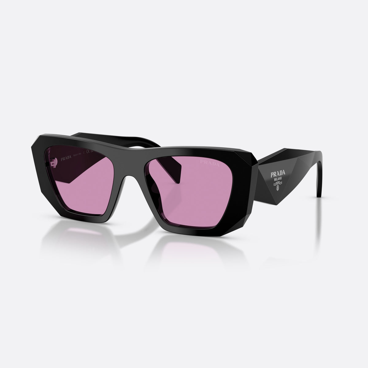 Prada PR B18S 16K30G sunglasses, black square frame for women, plain integrated bridge, brand lettering on temples