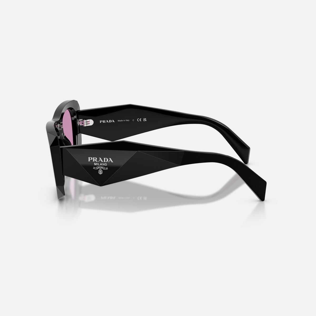 Prada PR B18S 16K30G sunglasses, black square frame for women, plain integrated bridge, brand lettering on temples, side view