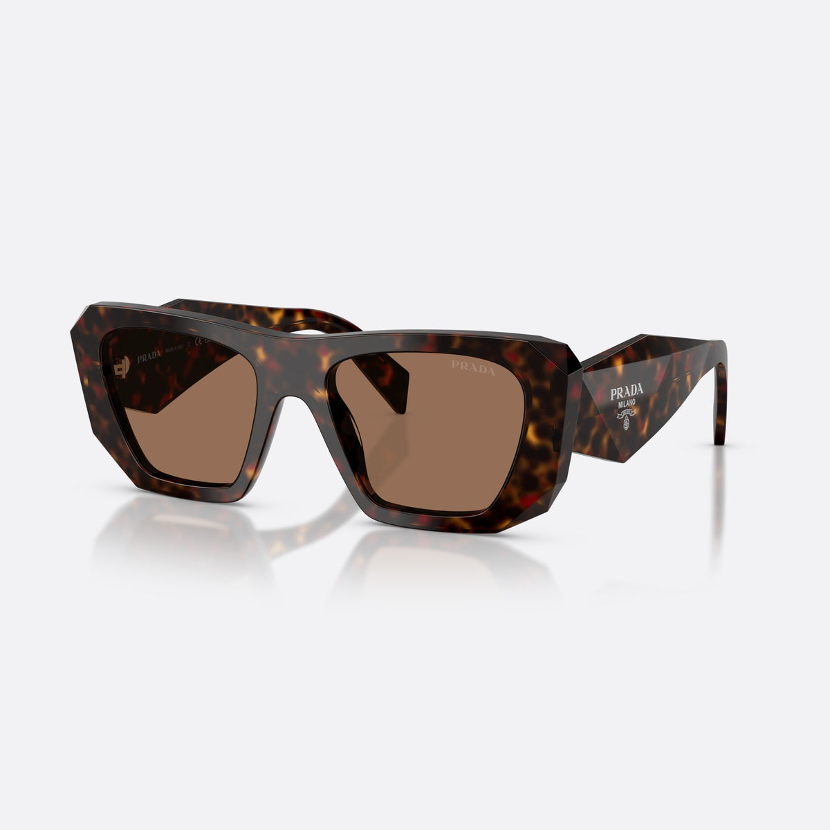 Prada PR B18S 17N06B sunglasses, havana square frame for women, plain integrated bridge, brand lettering on temples