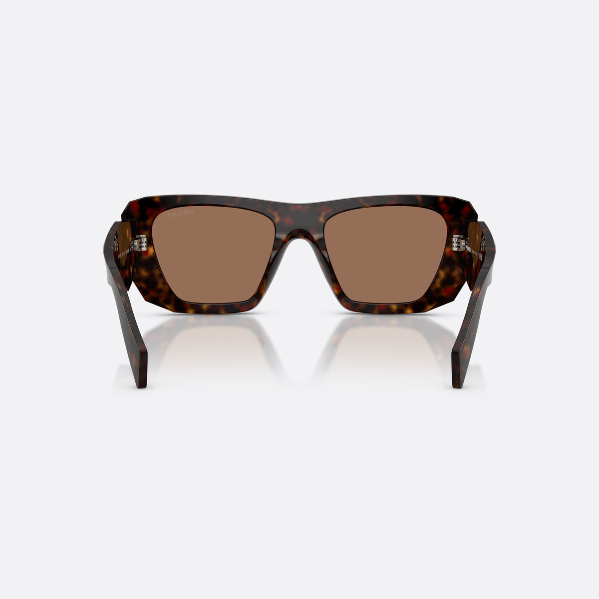 Prada PR B18S 17N06B sunglasses, havana square frame for women, plain integrated bridge, brand lettering on temples, back view