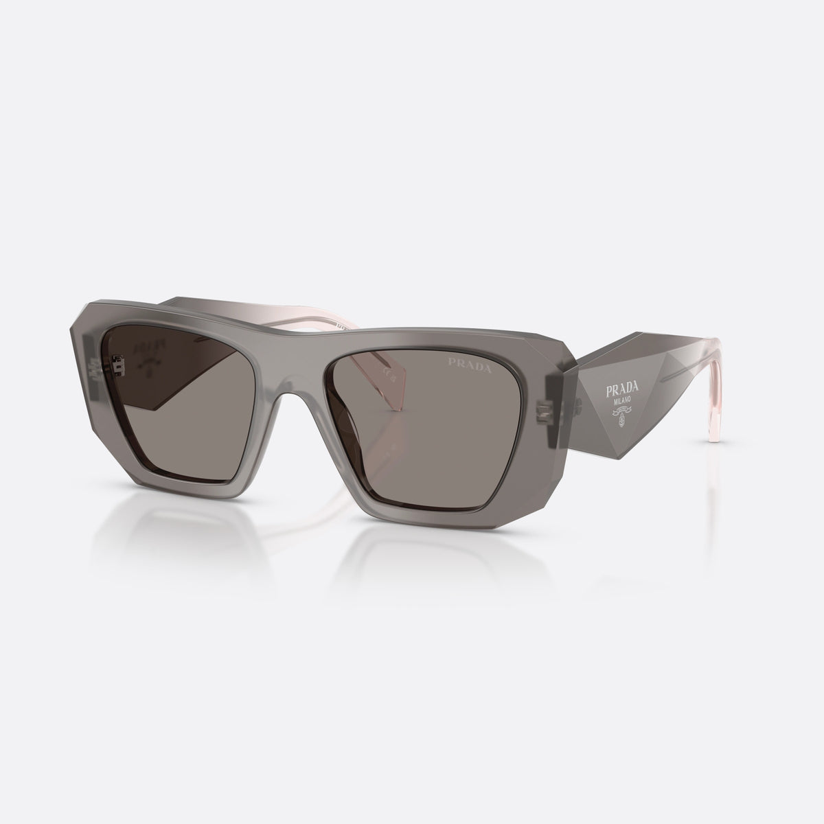 Prada PR B18S 20F80Q sunglasses, grey square frame for women, plain integrated bridge, brand lettering on temples
