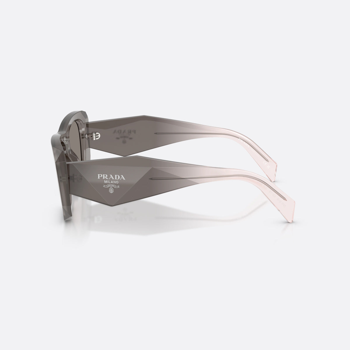 Prada PR B18S 20F80Q sunglasses, grey square frame for women, plain integrated bridge, brand lettering on temples, side view