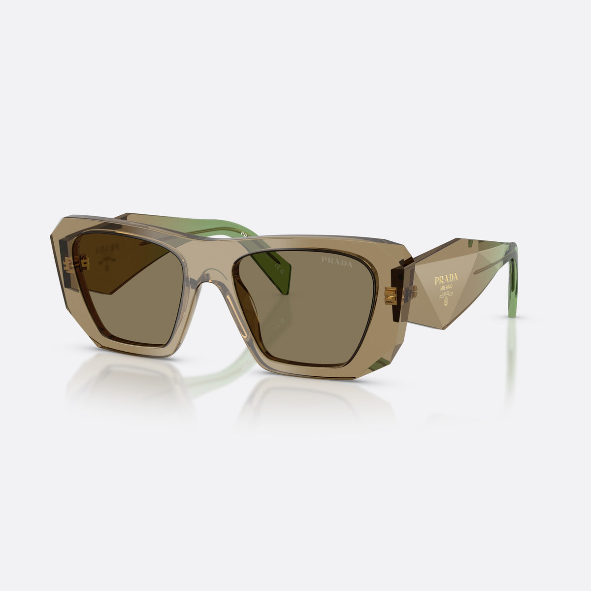 Prada PR B18S 29E90F sunglasses, brown square frame for women, plain integrated bridge, brand logo plaque on temple
