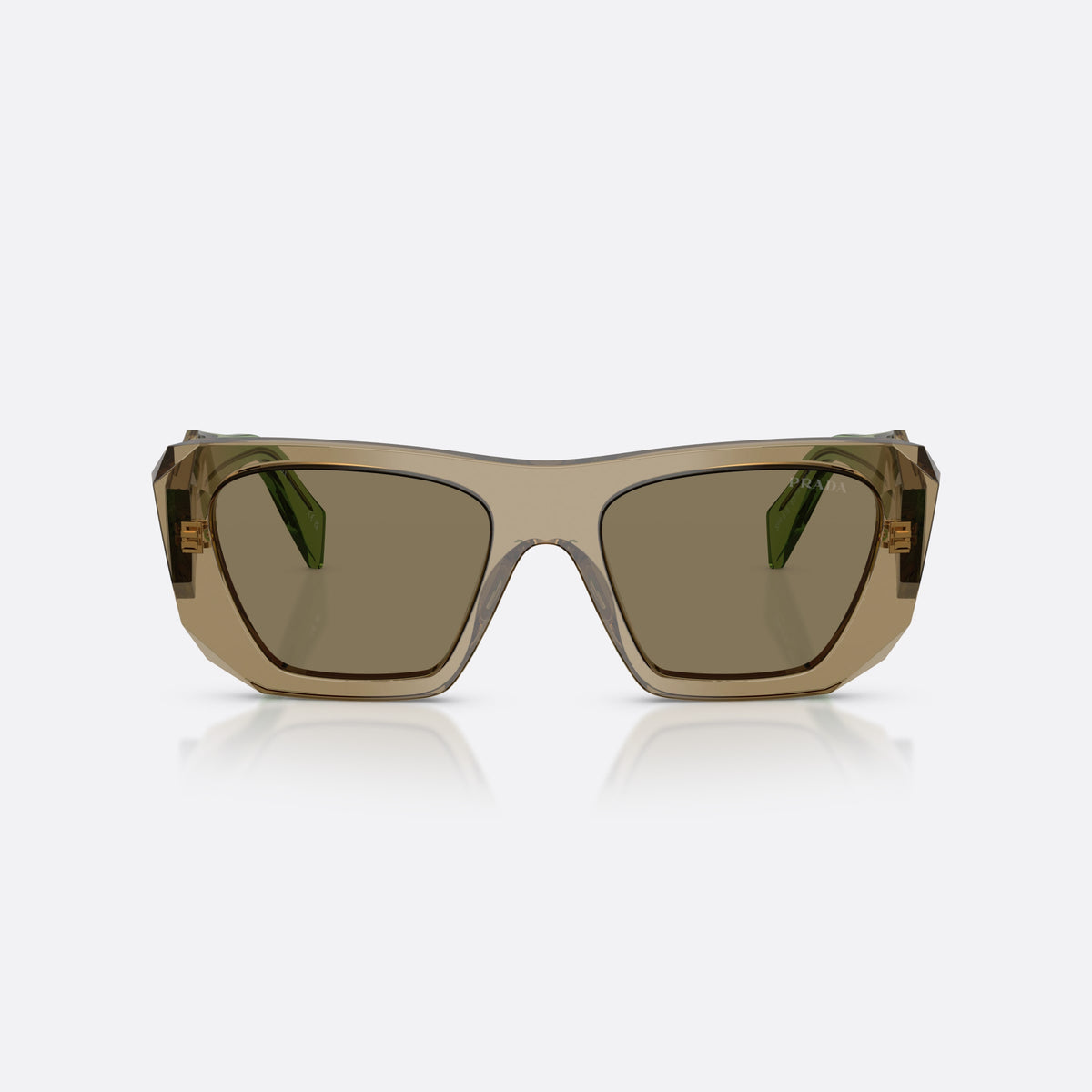 Prada PR B18S 29E90F sunglasses, brown square frame for women, plain integrated bridge, brand logo plaque on temple, front view