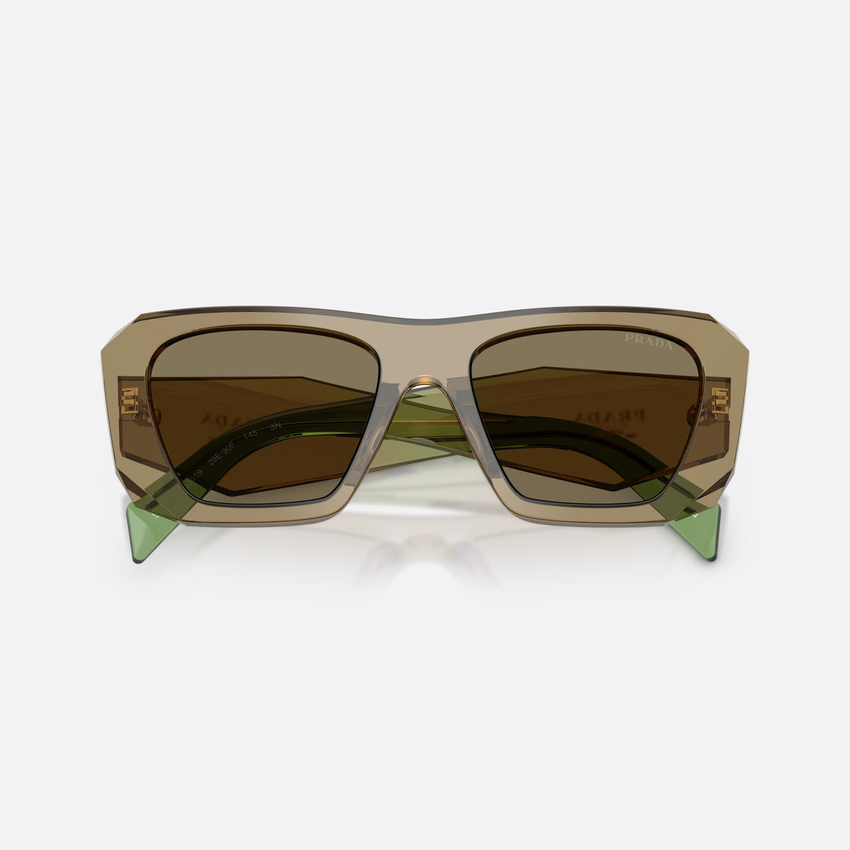 Prada PR B18S 29E90F sunglasses, brown square frame for women, plain integrated bridge, brand logo plaque on temple, folded