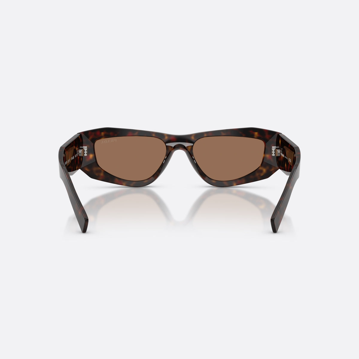 Prada PR B19S 17N06B sunglasses, havana pillow frame for men, keyhole bridge, brand lettering on the temples, back view