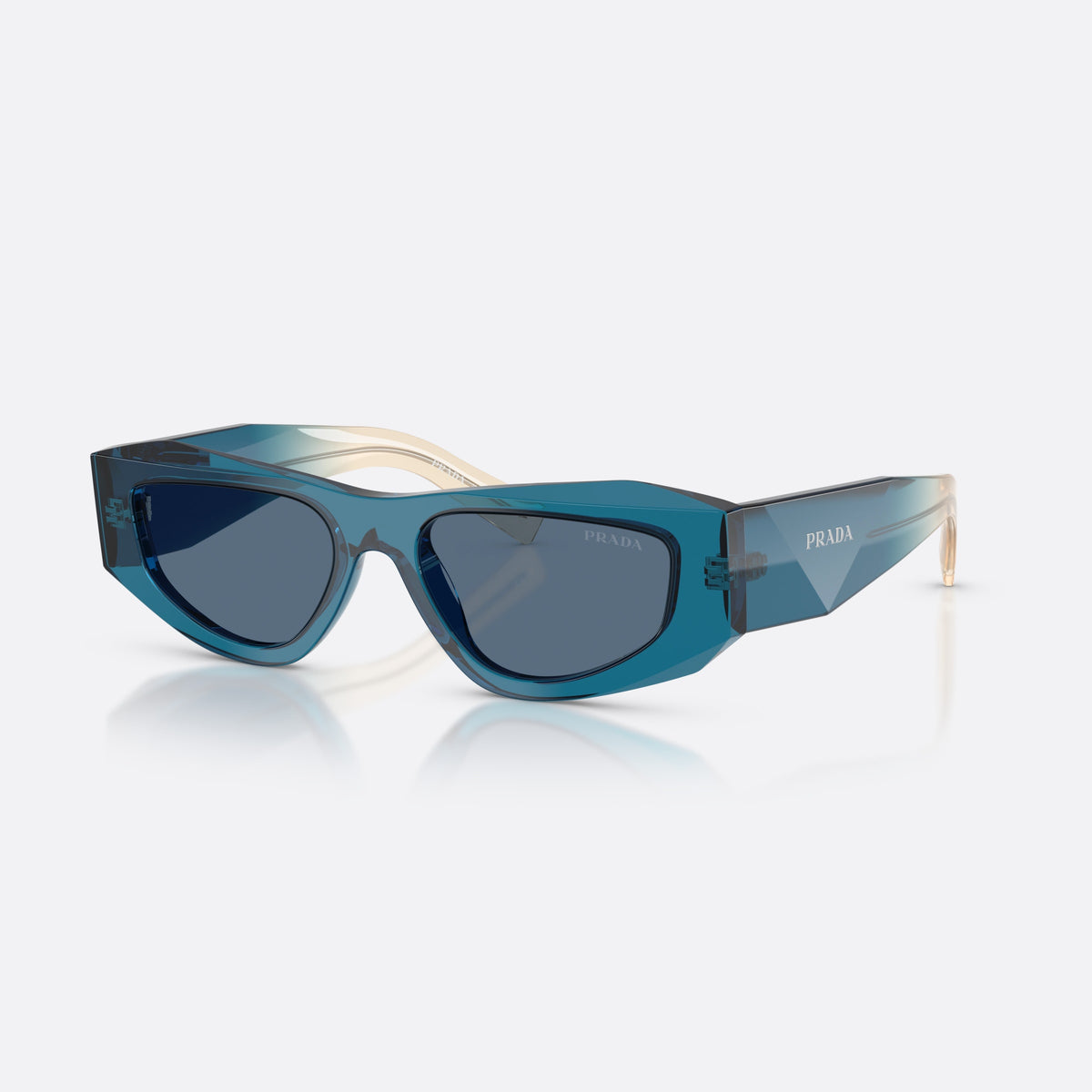 Prada PR B19S 24F80S sunglasses, blue pillow frame for men, integrated bridge, brand lettering on temples