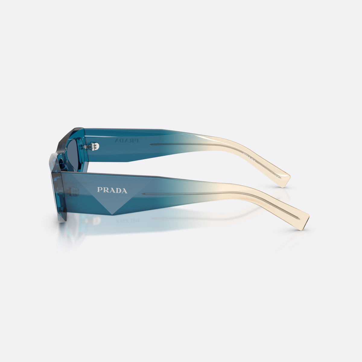 Prada PR B19S 24F80S sunglasses, blue pillow frame for men, integrated bridge, brand lettering on temples, side view