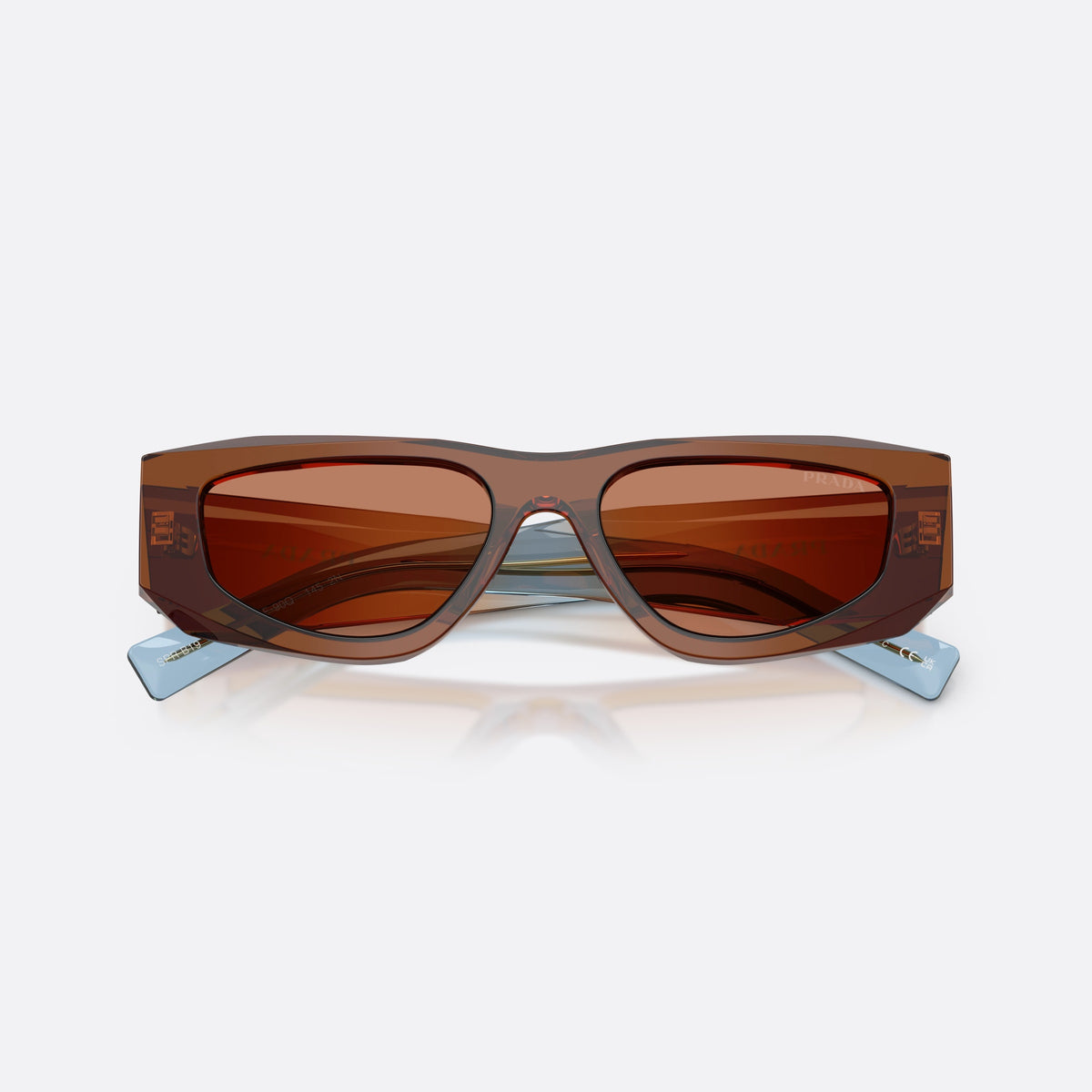 Prada PR B19S 25F90Q sunglasses, brown pillow frame for men, plain bridge joining lenses, full-rim frame, folded