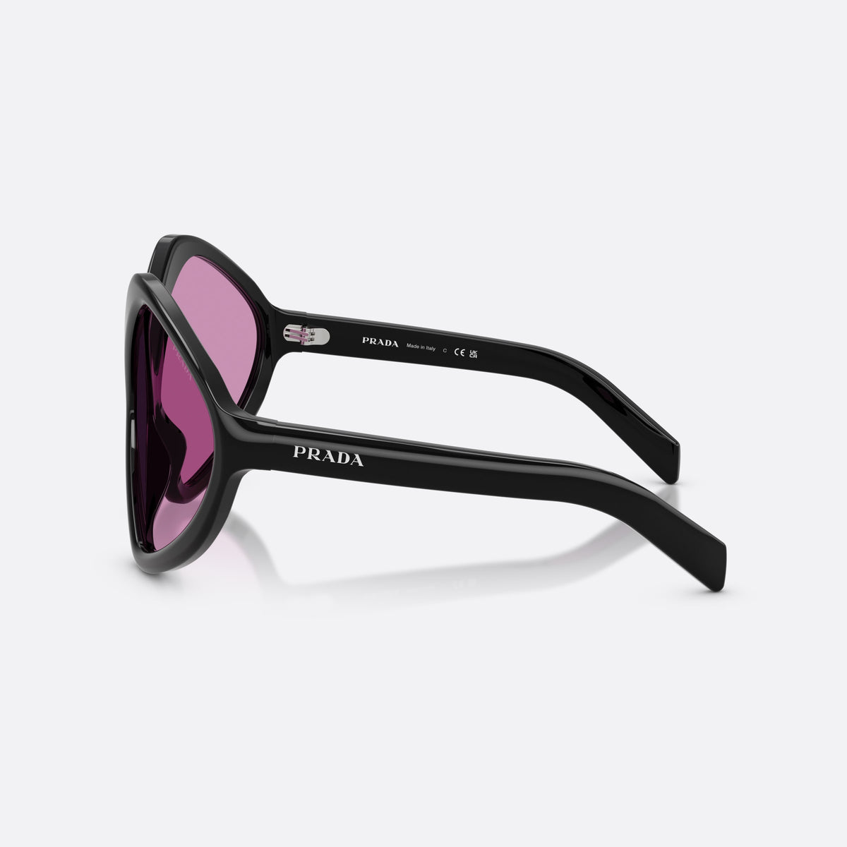 Prada PR B21S 16K30G sunglasses, black irregular frame for women, double bridge, wide center, brand lettering on temples, side view