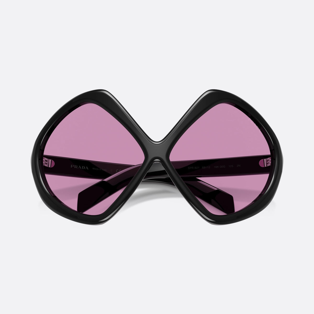 Prada PR B21S 16K30G sunglasses, black irregular frame for women, double bridge, wide center, brand lettering on temples, folded