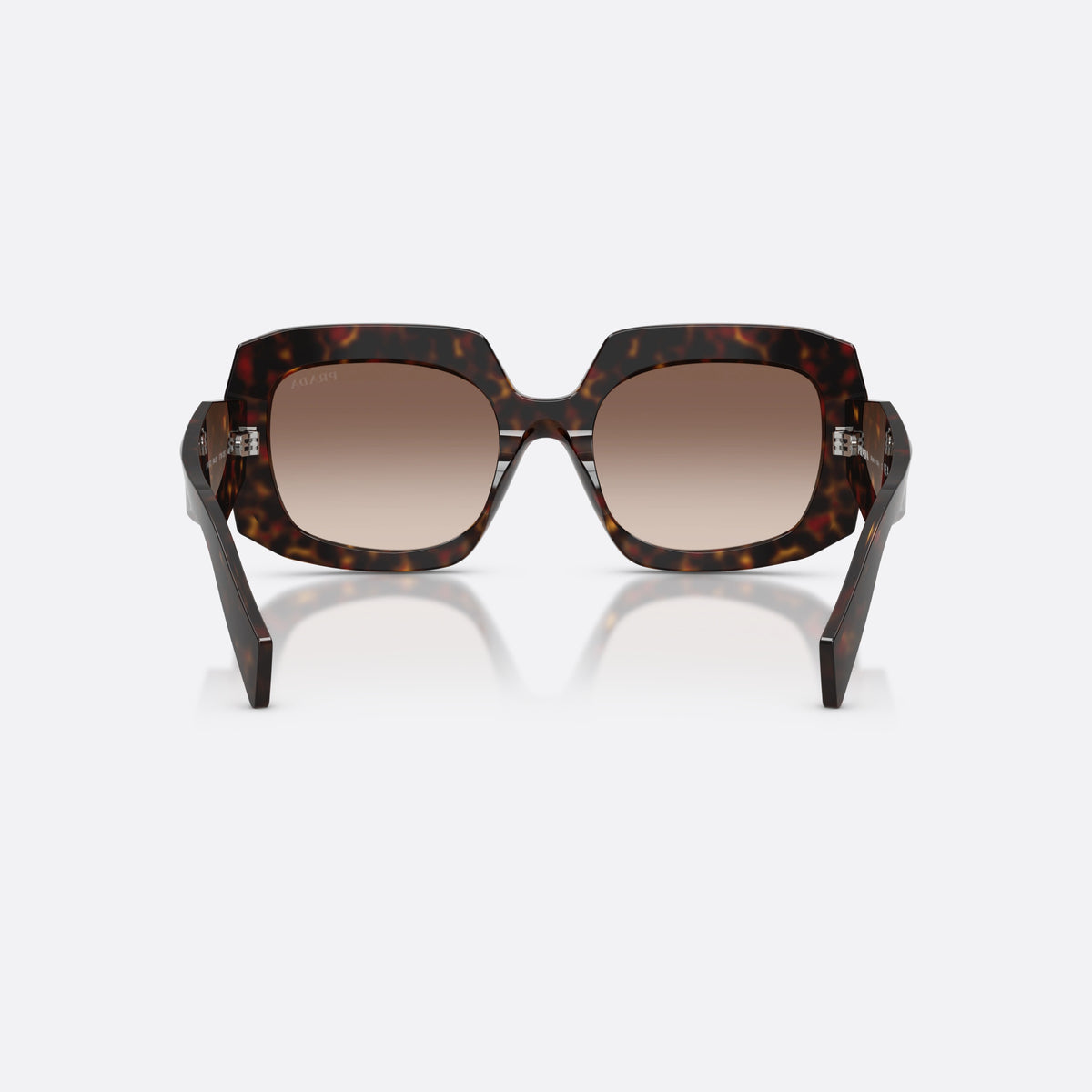 Prada PR B23S 17N10S sunglasses, havana square frame for women, plain saddle-style bridge, brand logo on temple, back view