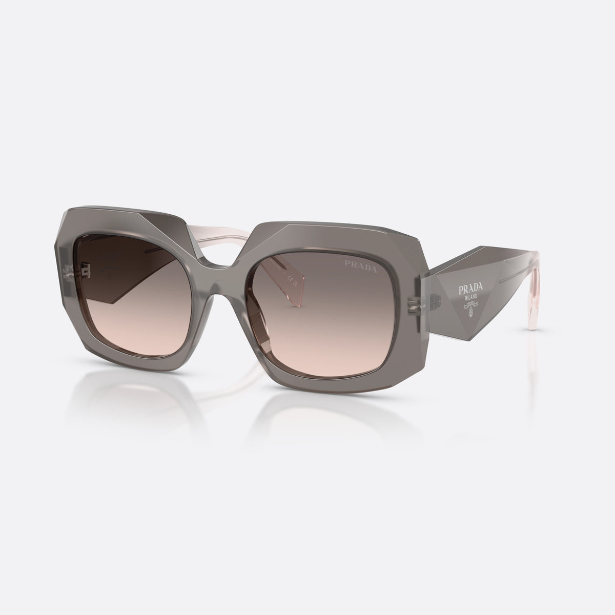 Prada PR B23S 20F70S sunglasses, grey square frame for women, wide double bridge, brand lettering on temples