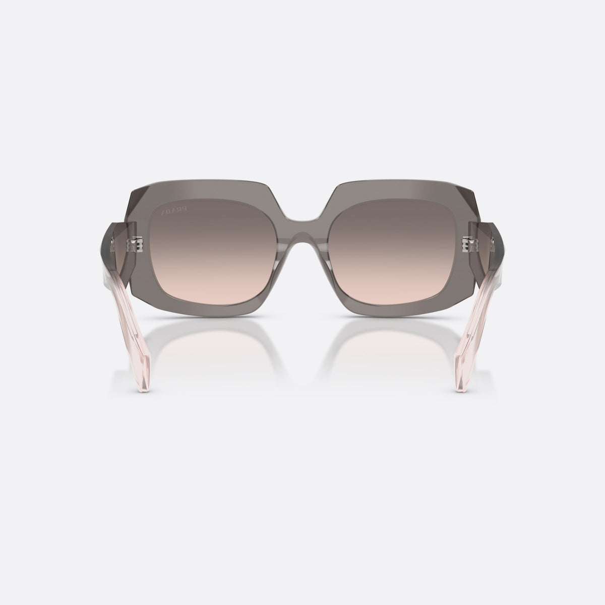 Prada PR B23S 20F70S sunglasses, grey square frame for women, wide double bridge, brand lettering on temples, back view