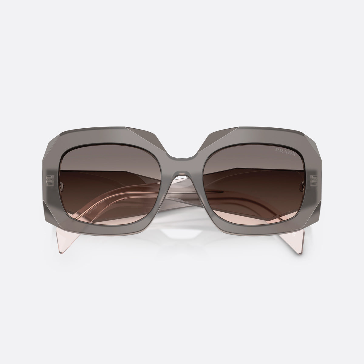 Prada PR B23S 20F70S sunglasses, grey square frame for women, wide double bridge, brand lettering on temples, folded