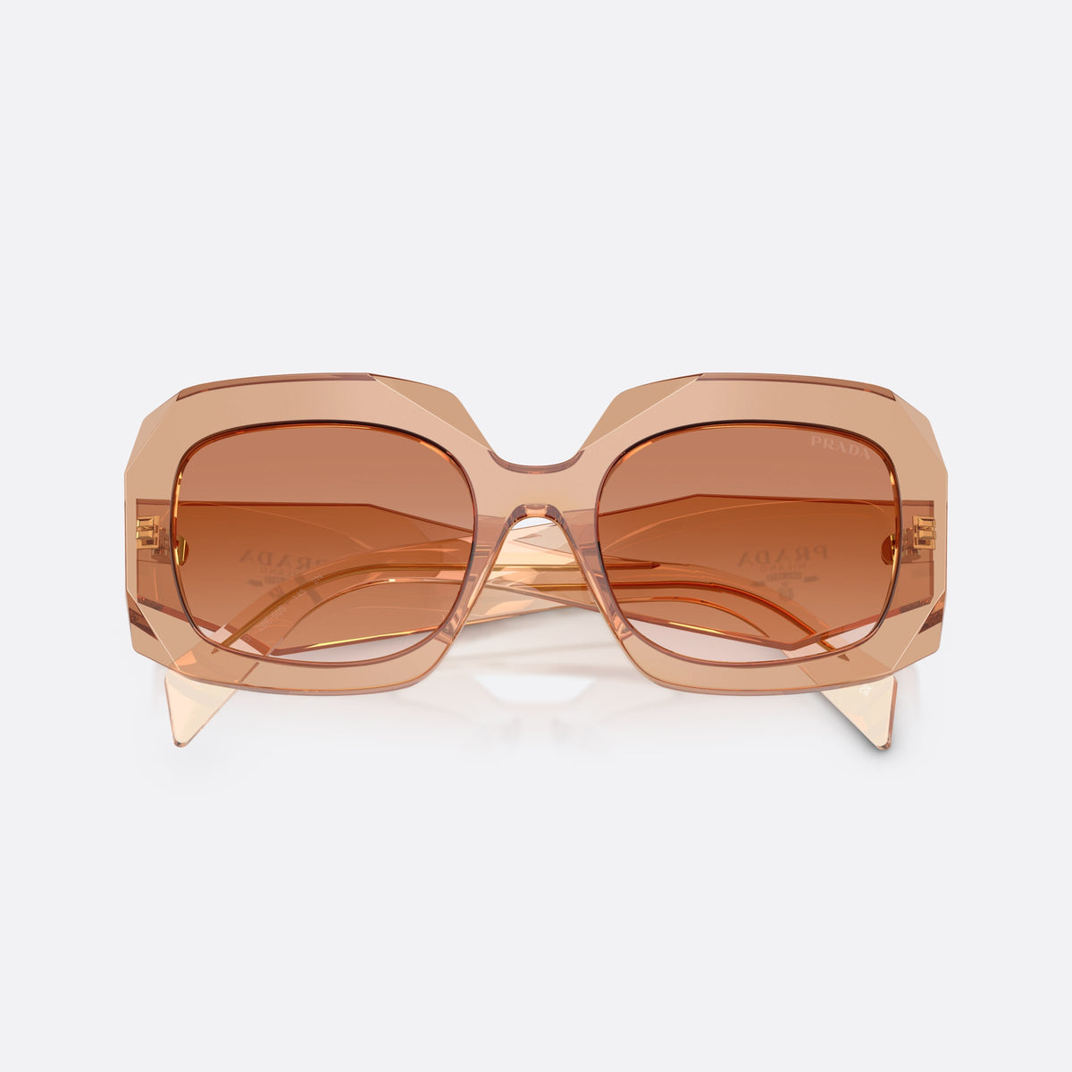 Prada PR B23S 28E50S sunglasses, brown square frame for women, keyhole bridge, brand lettering on the temples, folded