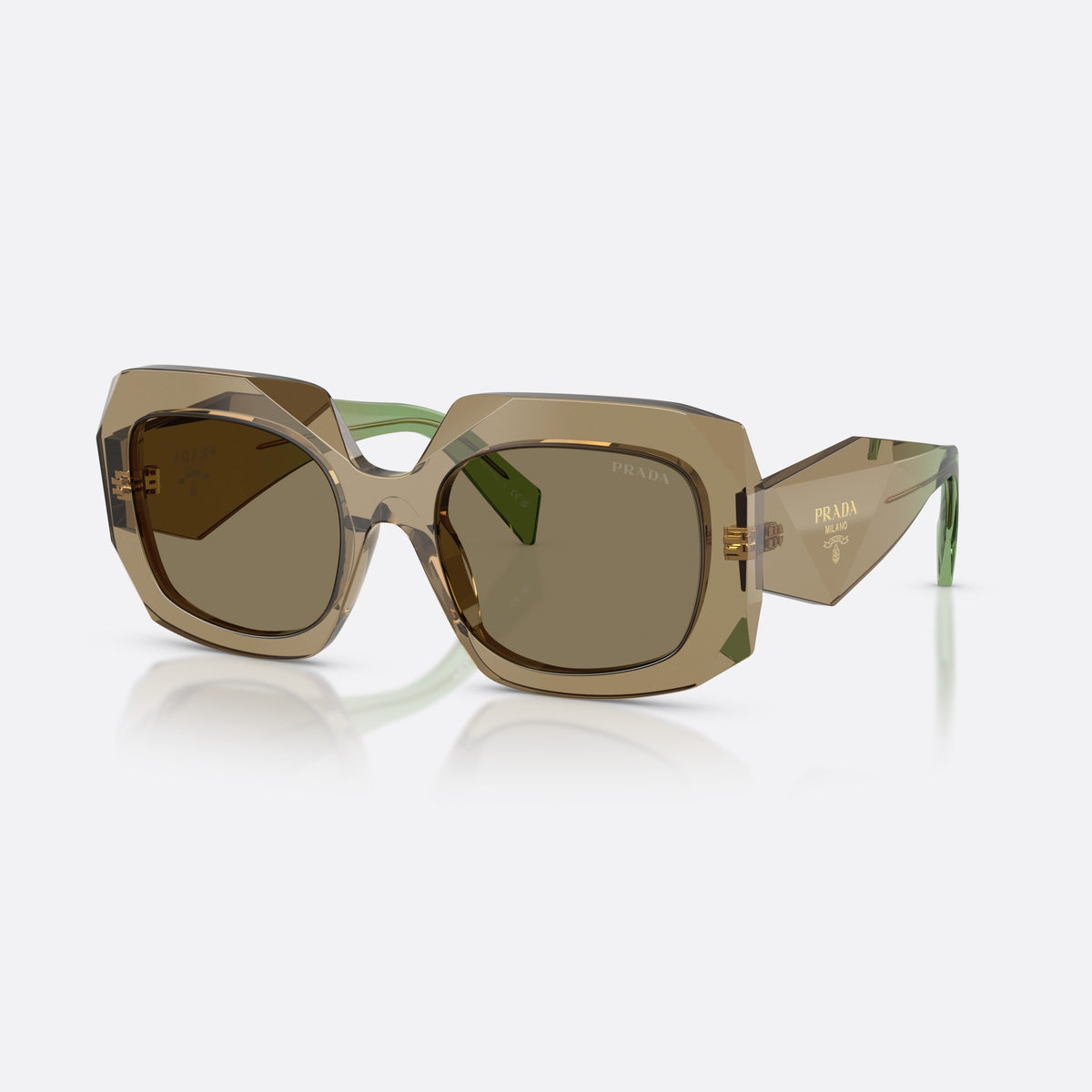 Prada PR B23S 29E90F sunglasses, brown square frame for women, plain bridge with narrow waist, brand lettering on temples