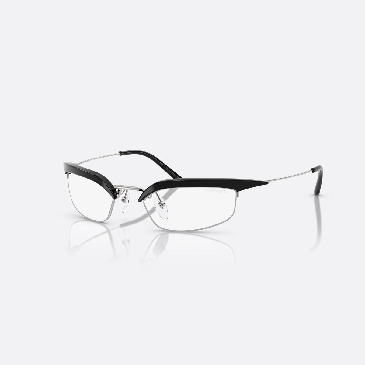 Prada PR B50S TZM08N sunglasses, black rectangular frame for women, double bridge with metal center, clear lenses
