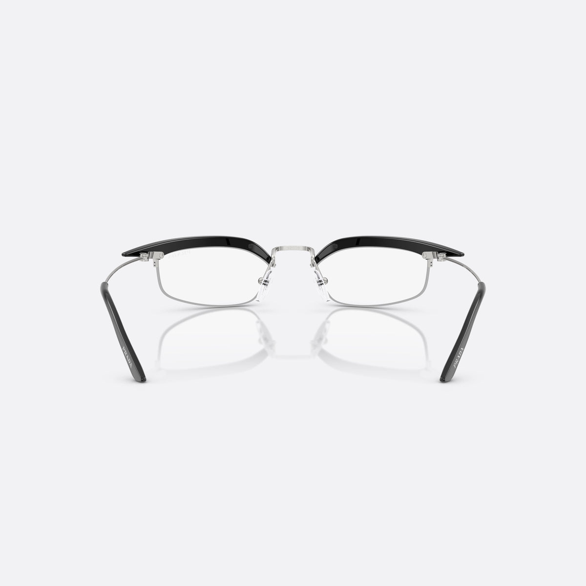 Prada PR B50S TZM08N sunglasses, black rectangular frame for women, double bridge with metal center, clear lenses