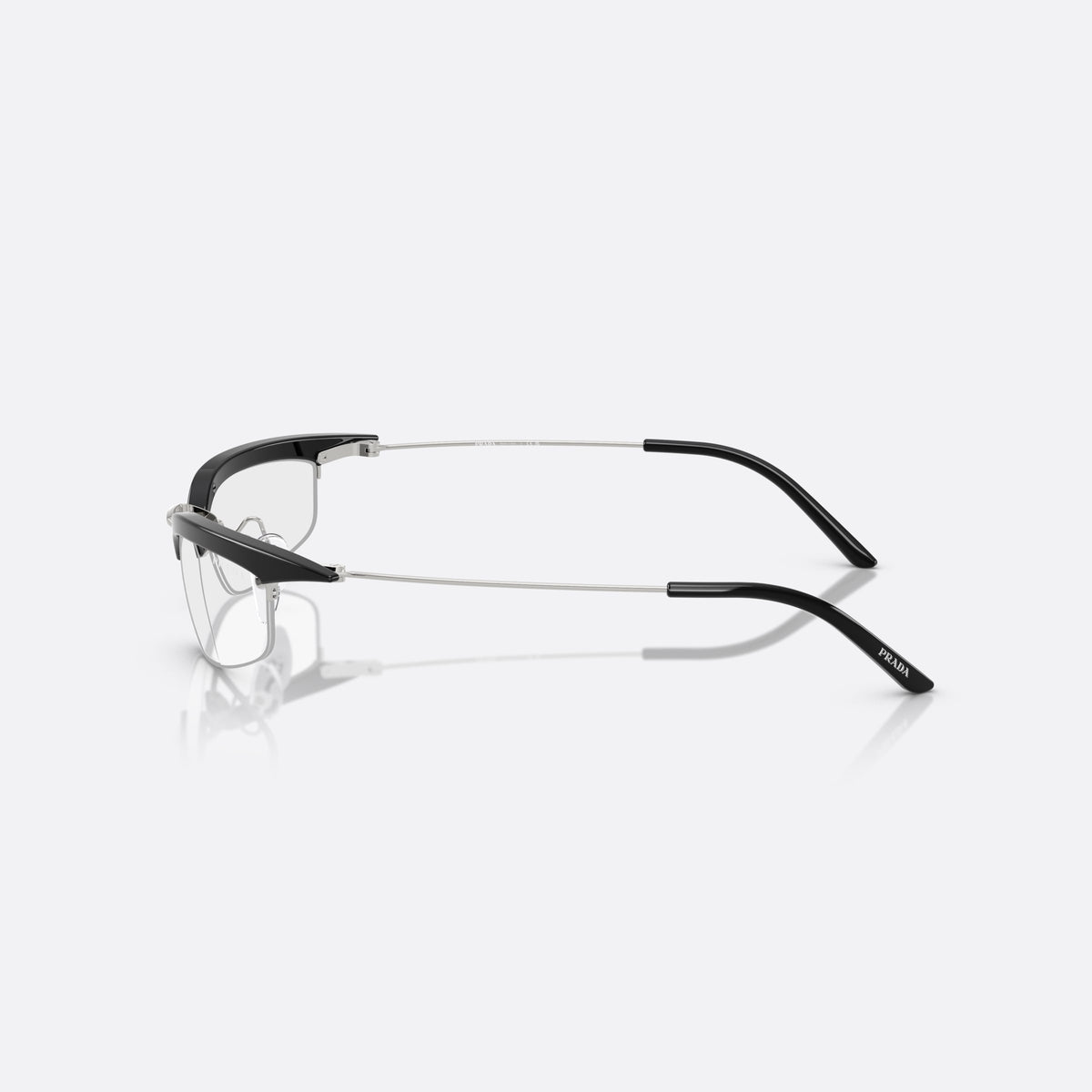 Prada PR B50S TZM08N sunglasses, black rectangular frame for women, double bridge with metal center, clear lenses