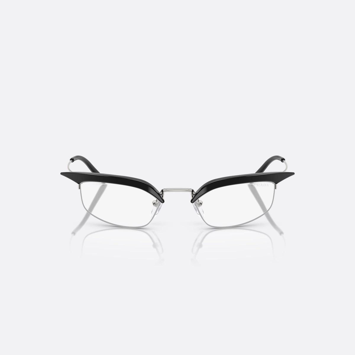 Prada PR B50S TZM08N sunglasses, black rectangular frame for women, double bridge with metal center, clear lenses