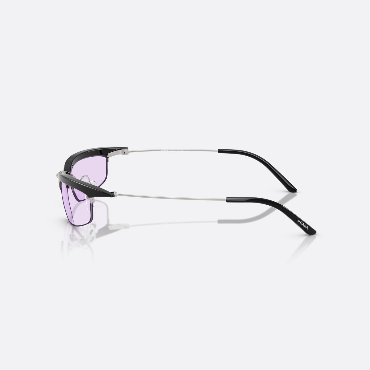 Prada PR B50S TZM40J sunglasses, black rectangle frame for women, silver-tone metal bridge, brand lettering on the lens, side view
