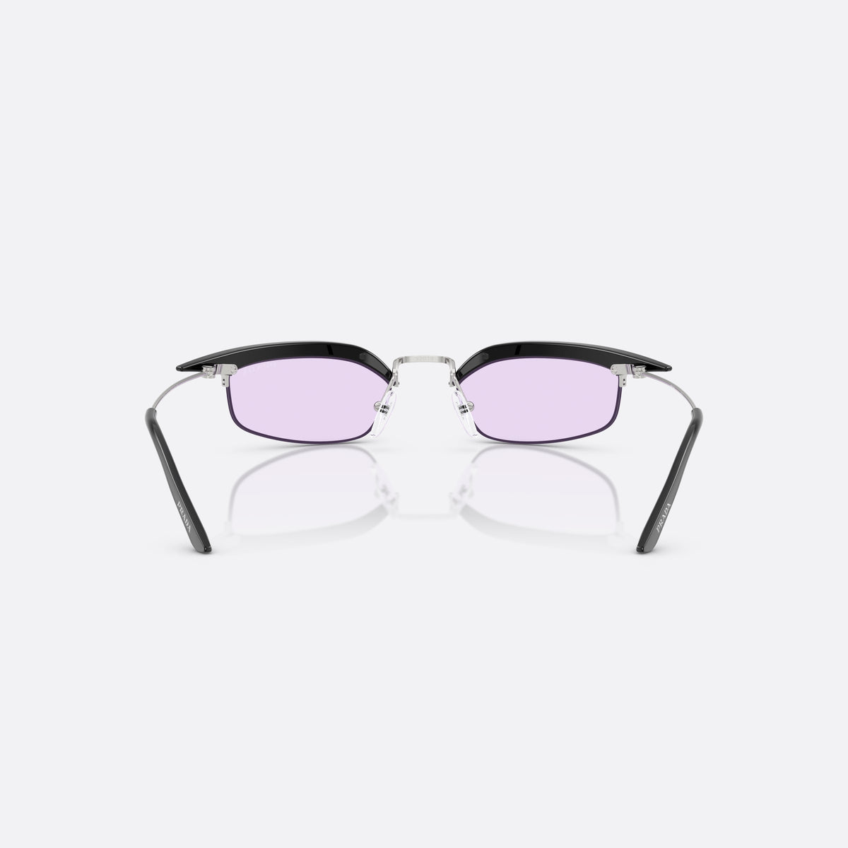 Prada PR B50S TZM40J sunglasses, black rectangle frame for women, silver-tone metal bridge, brand lettering on the lens, back view