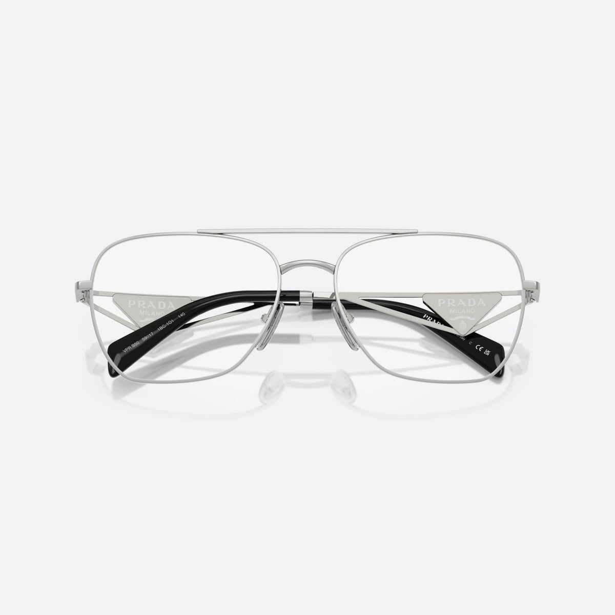 Rame ochelari de vedere Prada PR B50V 1BC1O1, visor argintiu, pentru femei, punte dublă cu bară metalică, literele brandului pe brațe, cu brațele pliate