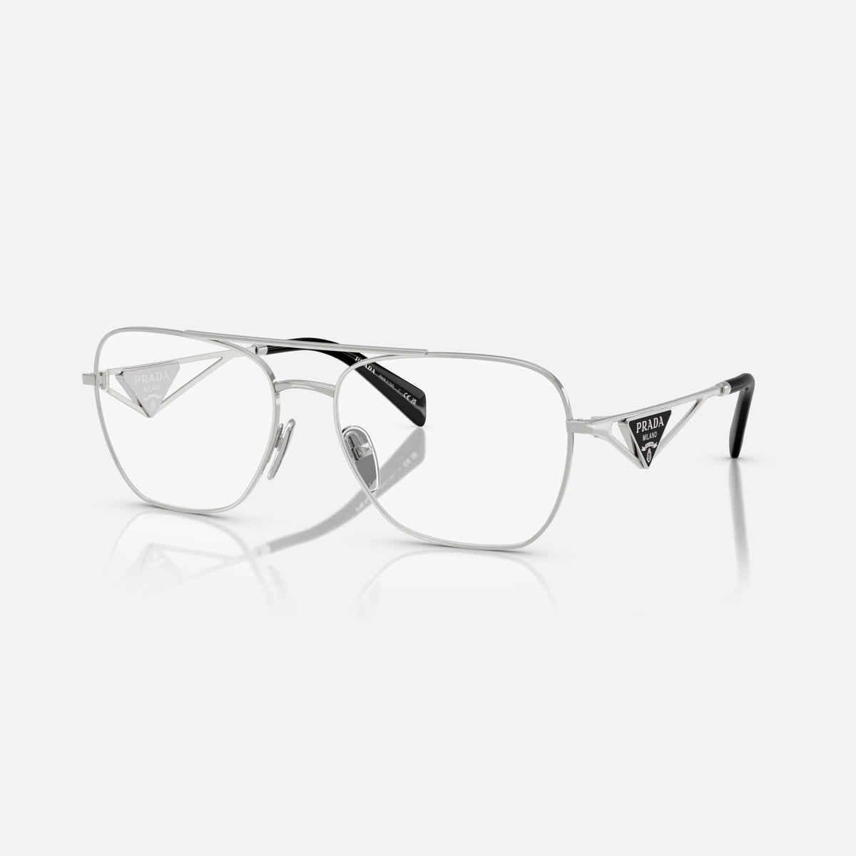 Prada PR B50V 1BC1O1 eyeglasses, silver visor frame for women, double bridge with top bar, full-rim metal frame