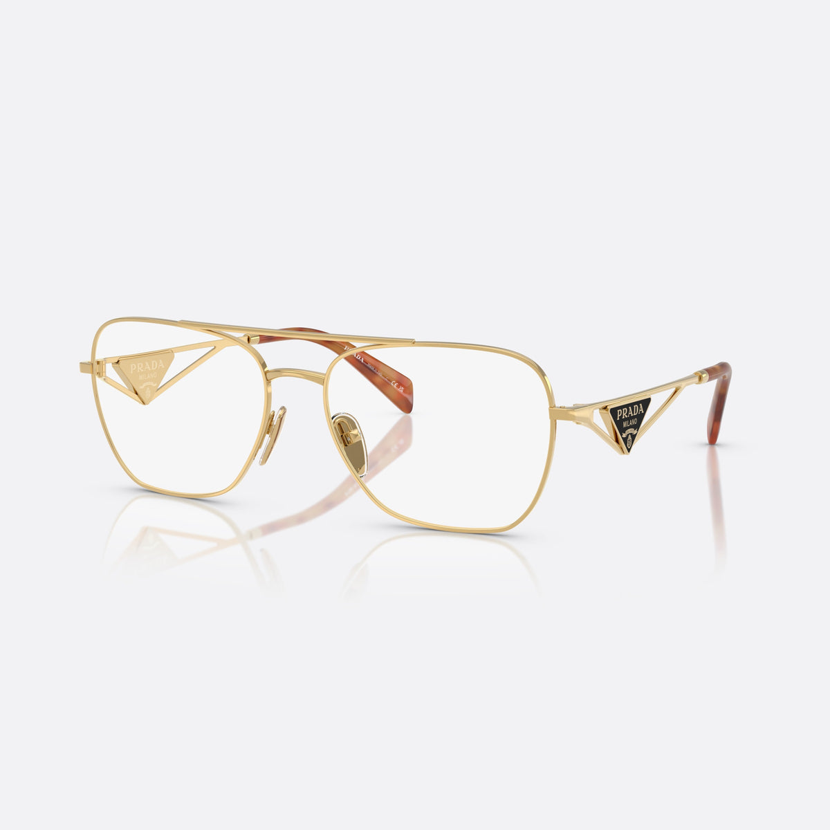 Prada PR B50V 5AK1O1 eyeglasses, gold visor frame for women, double bridge with top bar, brand lettering on the temples