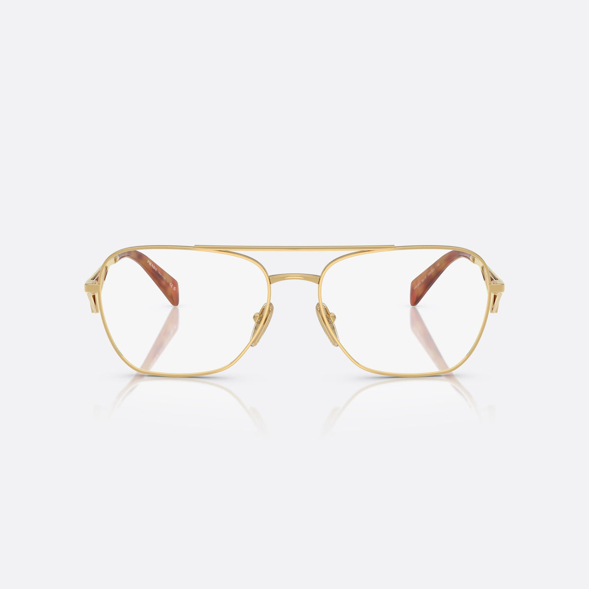 Prada PR B50V 5AK1O1 eyeglasses, gold visor frame for women, double bridge with top bar, brand lettering on the temples, front view