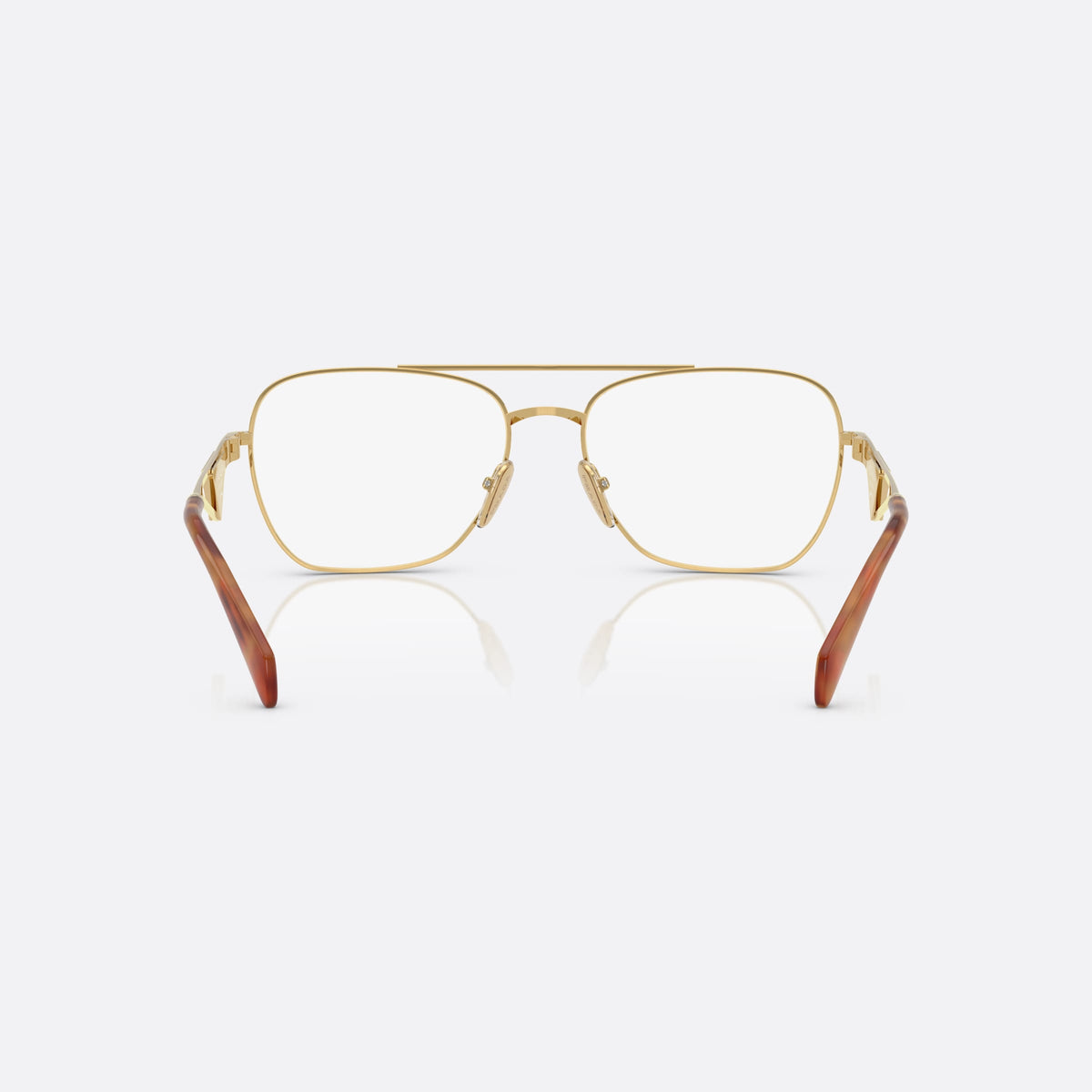 Prada PR B50V 5AK1O1 eyeglasses, gold visor frame for women, double bridge with top bar, brand lettering on the temples, back view
