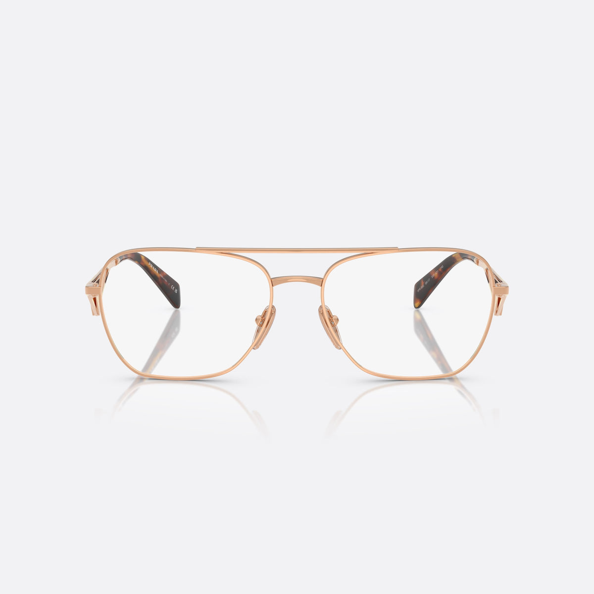 Prada PR B50V SVF1O1 eyeglasses, gold visor frame for women, double bridge with top bar, brand logo plaques on temples, front view