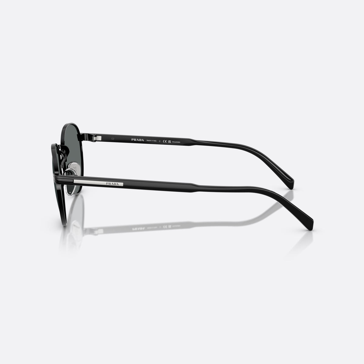 Prada PR B51S 1AB5Z1 BLBL sunglasses, black oval frame for men, plain metal bridge, brand lettering on temples, side view
